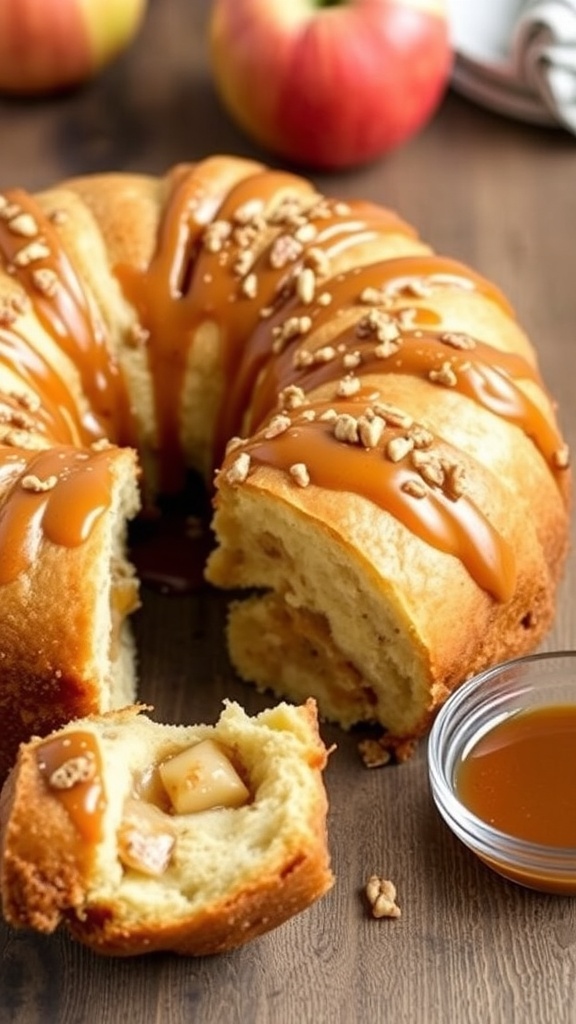 Apple Pie Monkey Bread Recipe Apple pie monkey bread drizzled with caramel sauce on a wooden table.